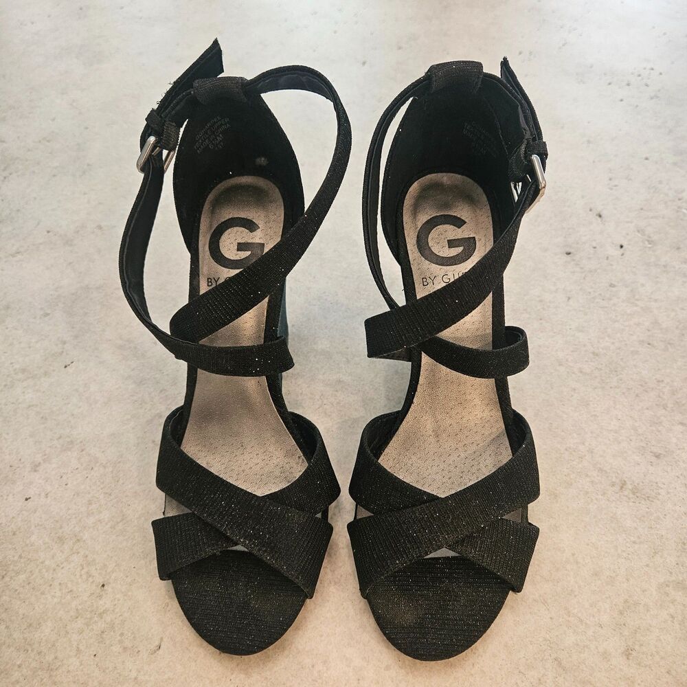 G by Guess Black Glimmer fabric Peep-Toe Wedge Sandals Strappy Night Out Glitter